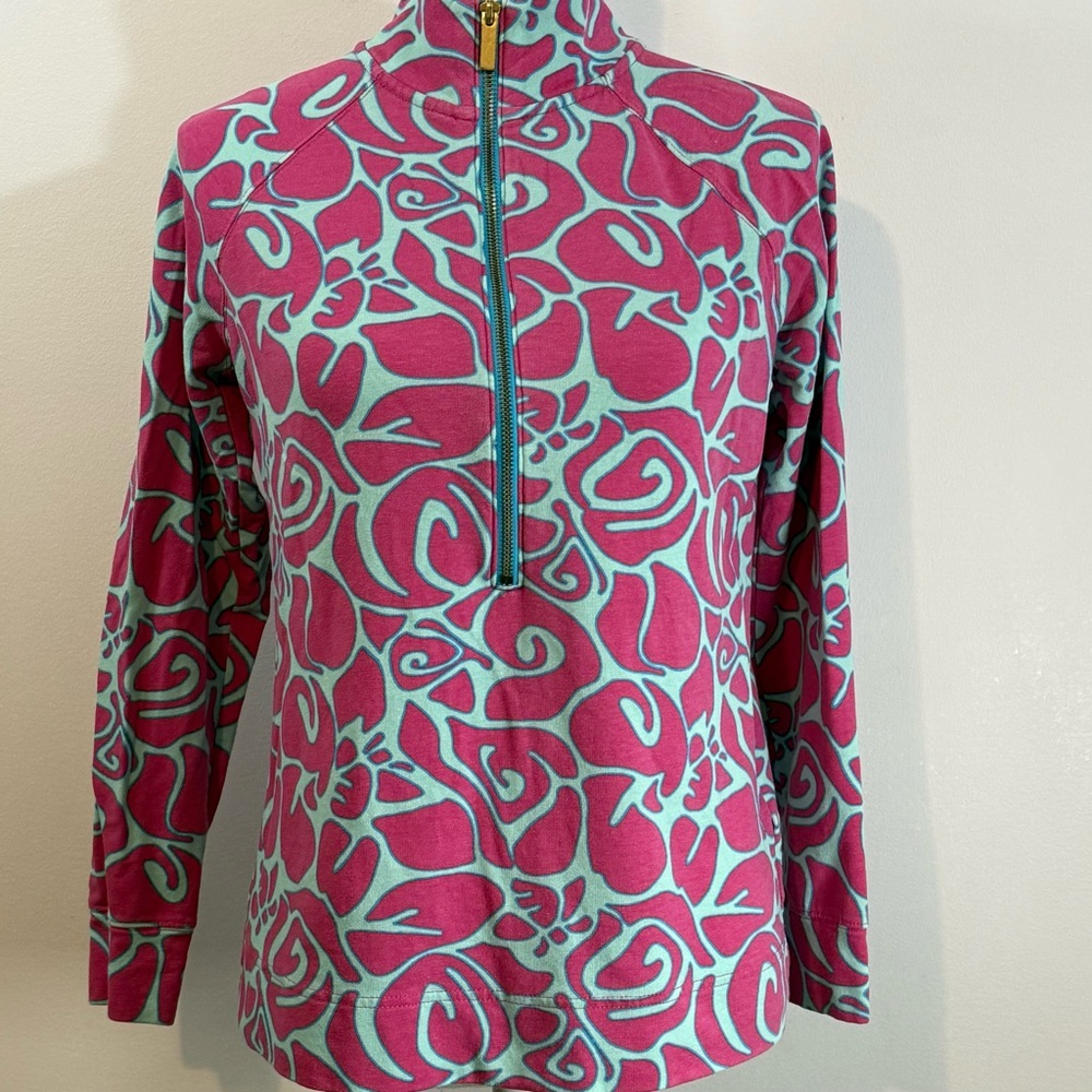 Crown & Ivy Beach Pullover Sweatshirt Pink Blue 1/4 Zip Coastal Preppy Size Sm